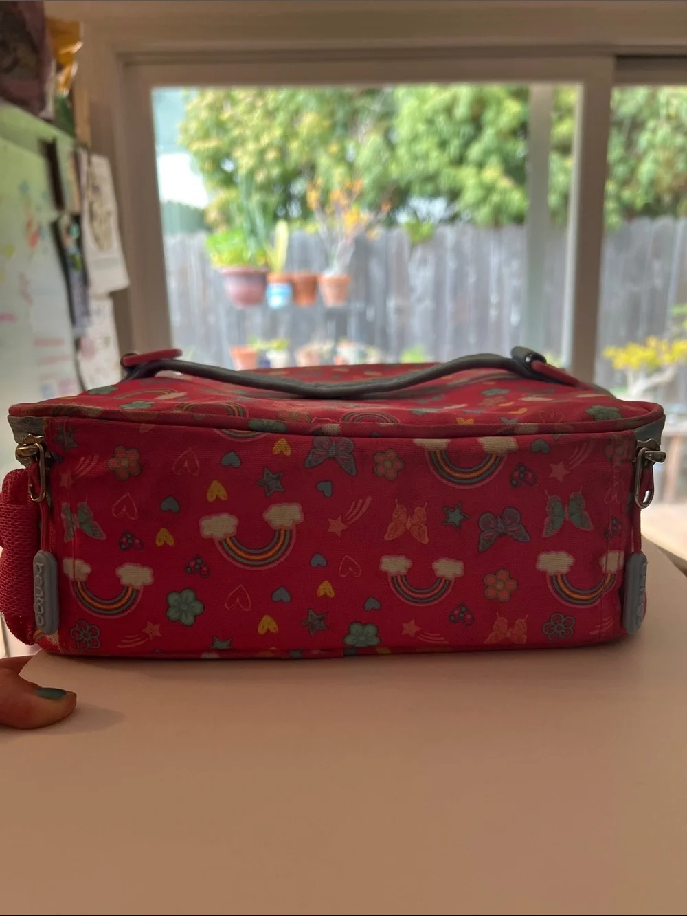Pink Rainbow & Cloud Kids Lunch Bag with Blue Handle